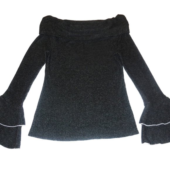 Pullover Sweater NEW SMALL Open Shoulders slim fit Knit Top Long Bell Sleeve - Picture 2 of 7